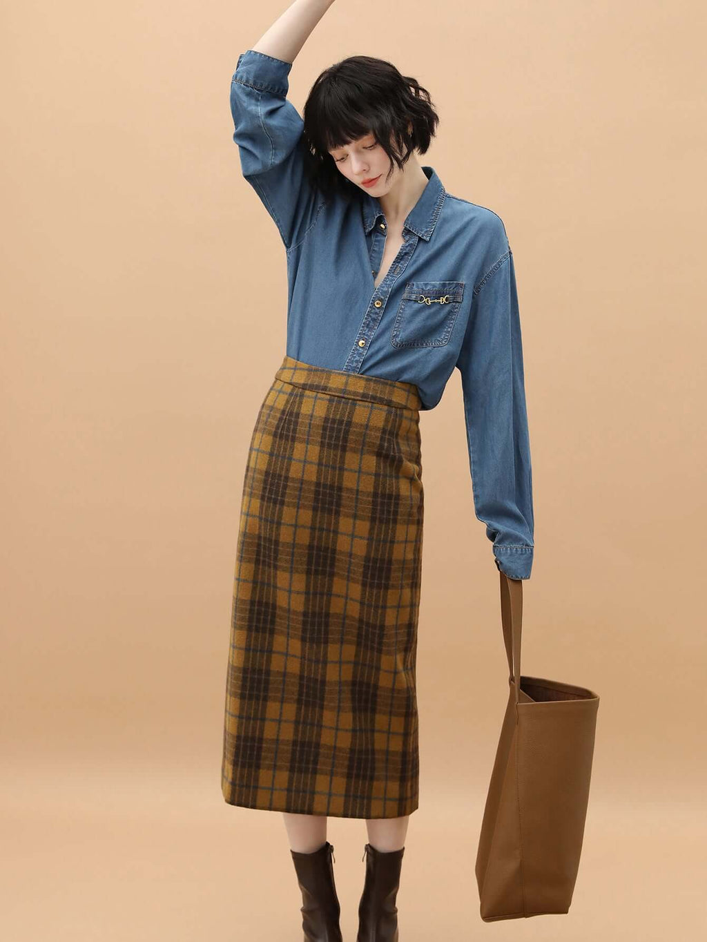 British-Style Brown Plaid Midi Skirt-1