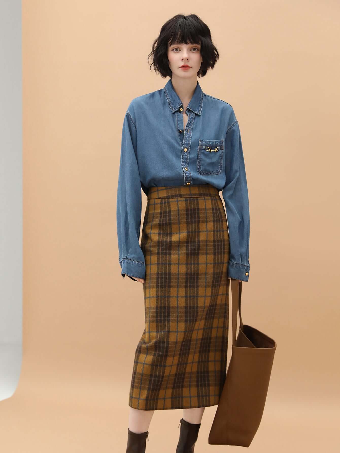 British-Style Brown Plaid Midi Skirt-2