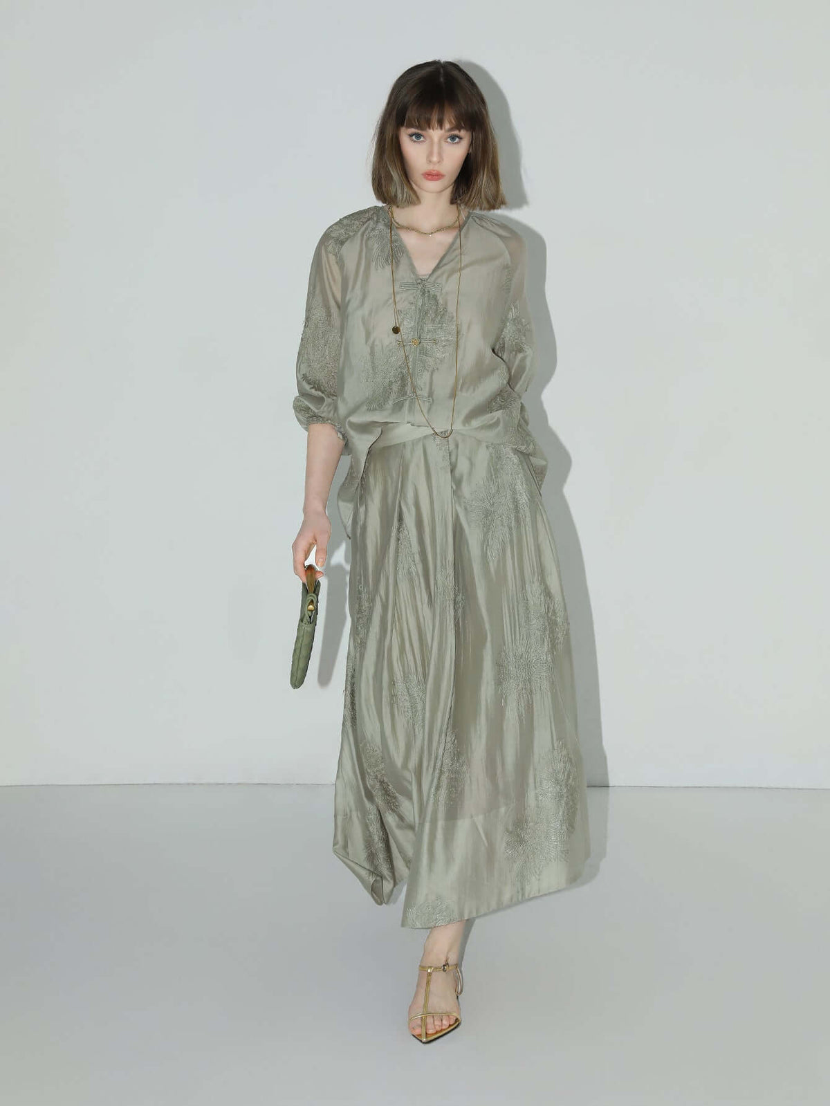 Brocade Button Embroidered Mint Green Kaftan Dress