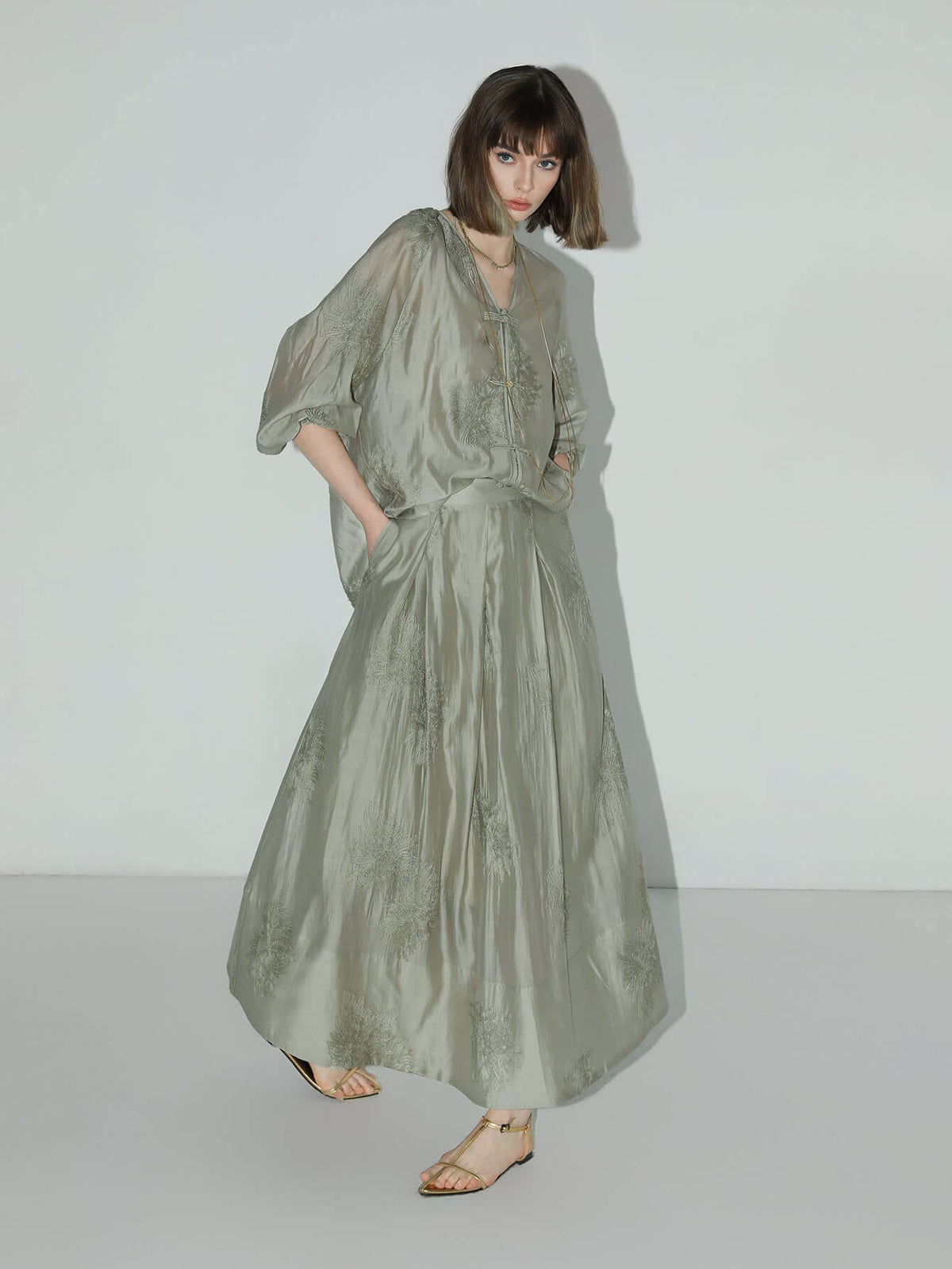 Brocade Button Embroidered Mint Green Kaftan Dress