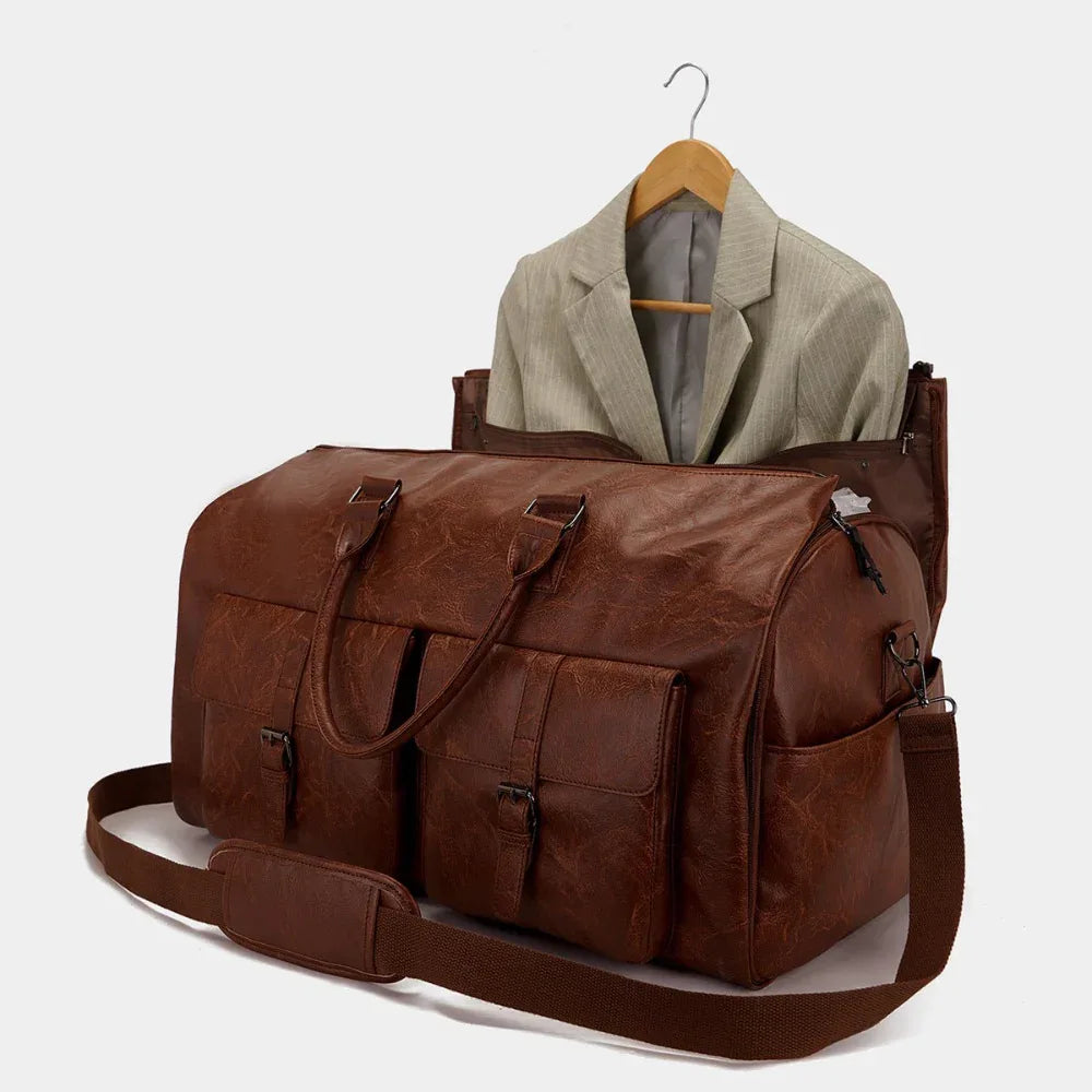 Brown PU Leather Duffle Convenient Travel Luggage Bag With Shoulder Strap