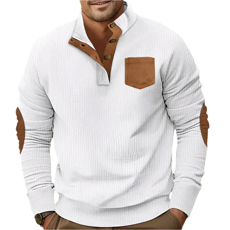 Buttoned Standing Collar Men's Sweater With Chest Pocket