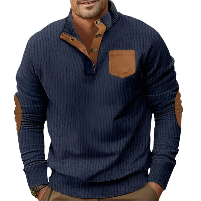 Buttoned Standing Collar Men's Sweater With Chest Pocket