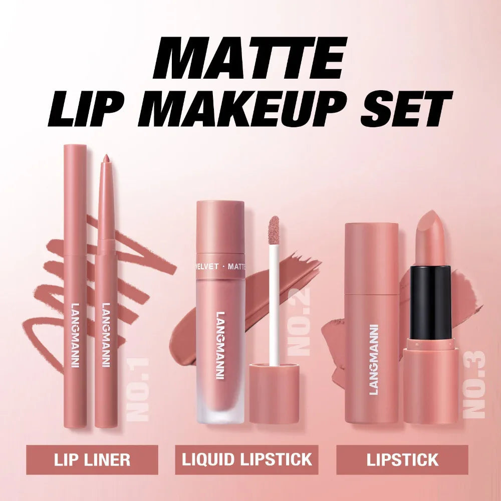 Six-Color Lipliner Liquid Lipstick & Lipstick 3pcs Set