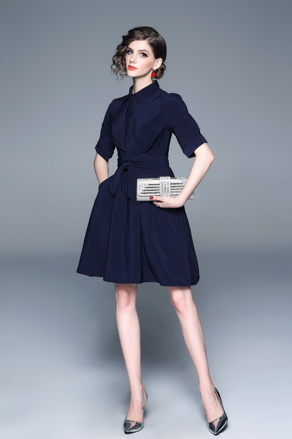 Classic Navy Blue Belted Shirt Dress