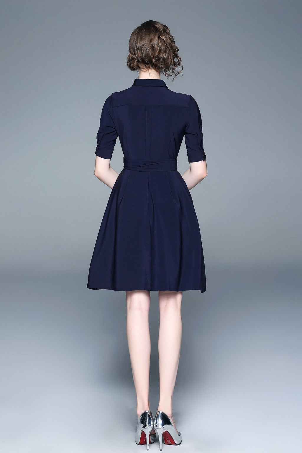 Classic Navy Blue Belted Shirt Dress