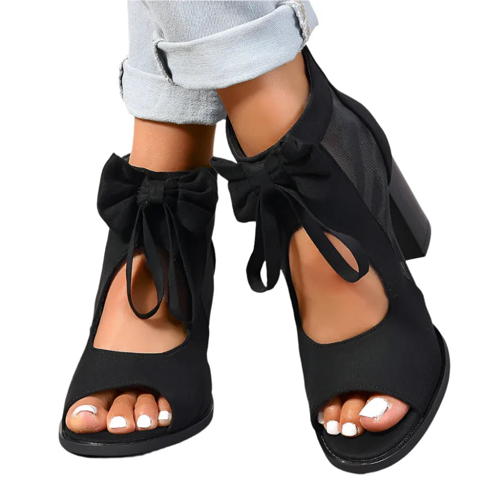 Chunky High Heels Women's Sandals Bow Decoration Open Toe Block Ankle Strap Shoes