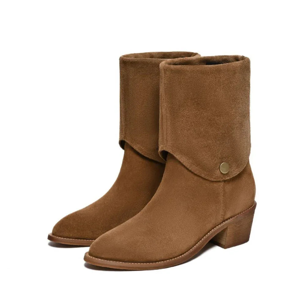Matte Cowhide Leather Western Denim Pointed-Toe Short Tube Boots For Women