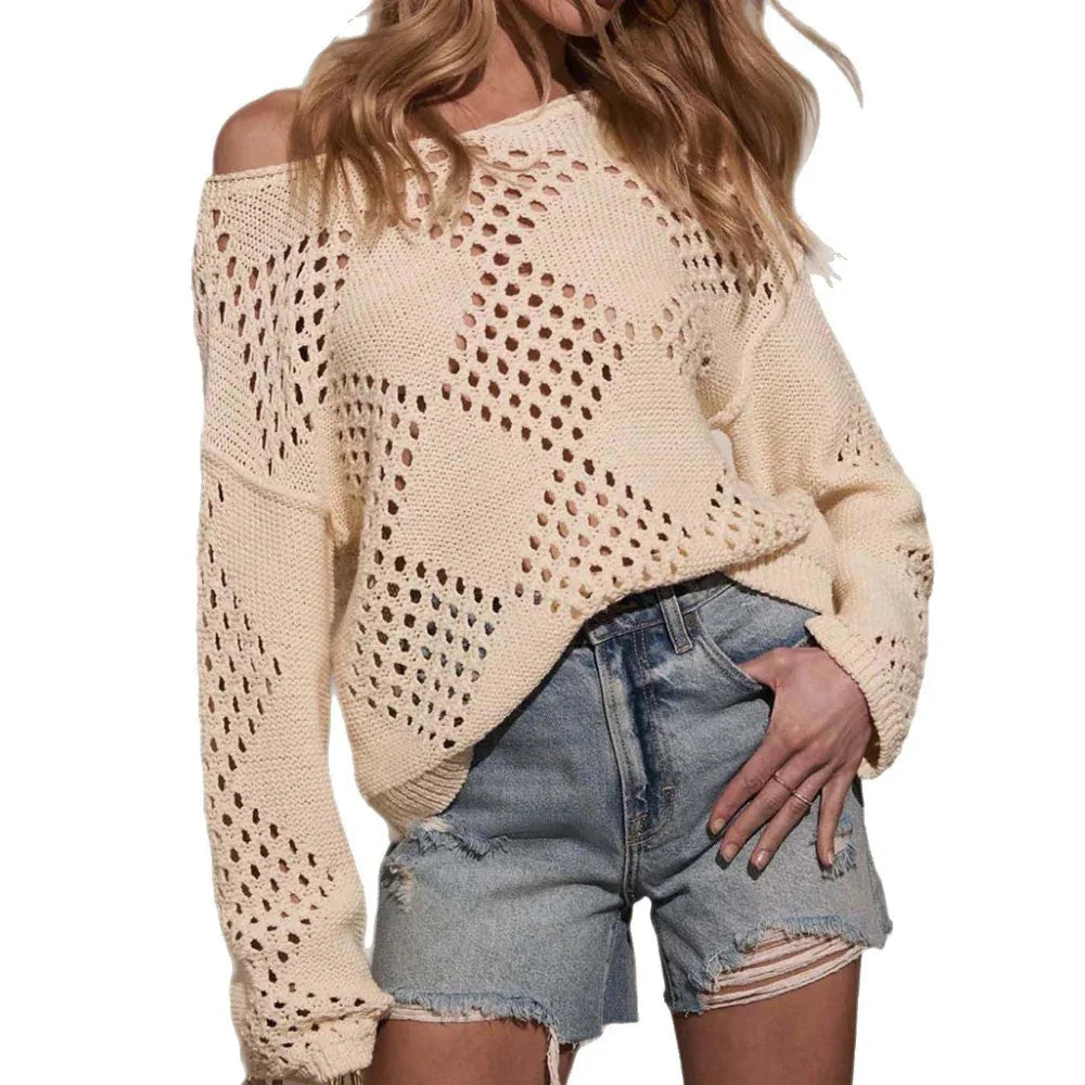 Hollow-Out Off-Shoulder Long Sleeve Knitted Sweater