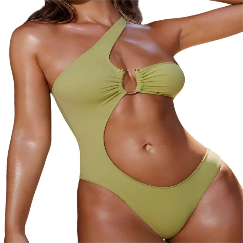 Bikini Women's Solid Color Single-Shoulder One-Piece Swimming Suit