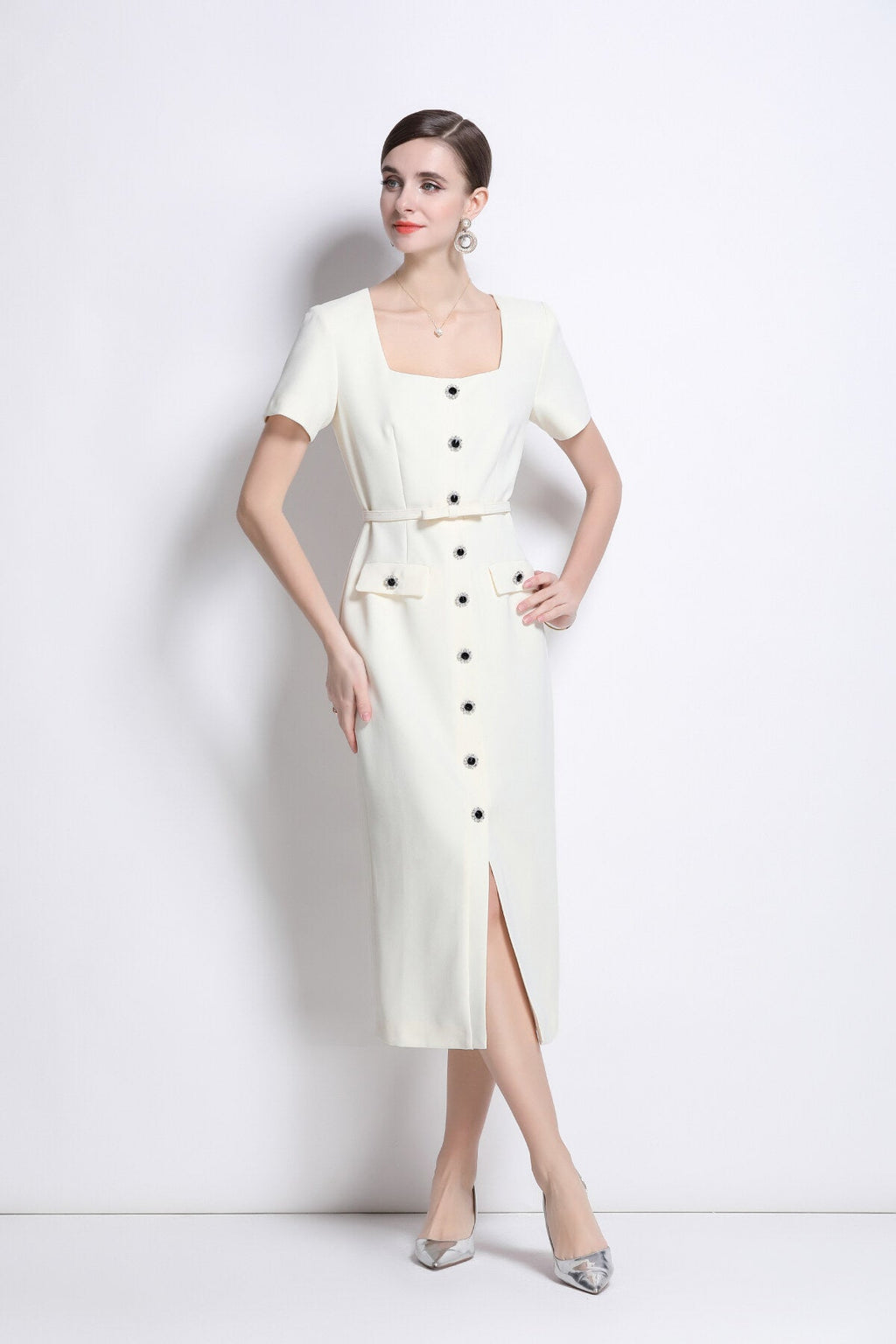 Daisy White Square Neck Short Sleeve Slim Fit Dress