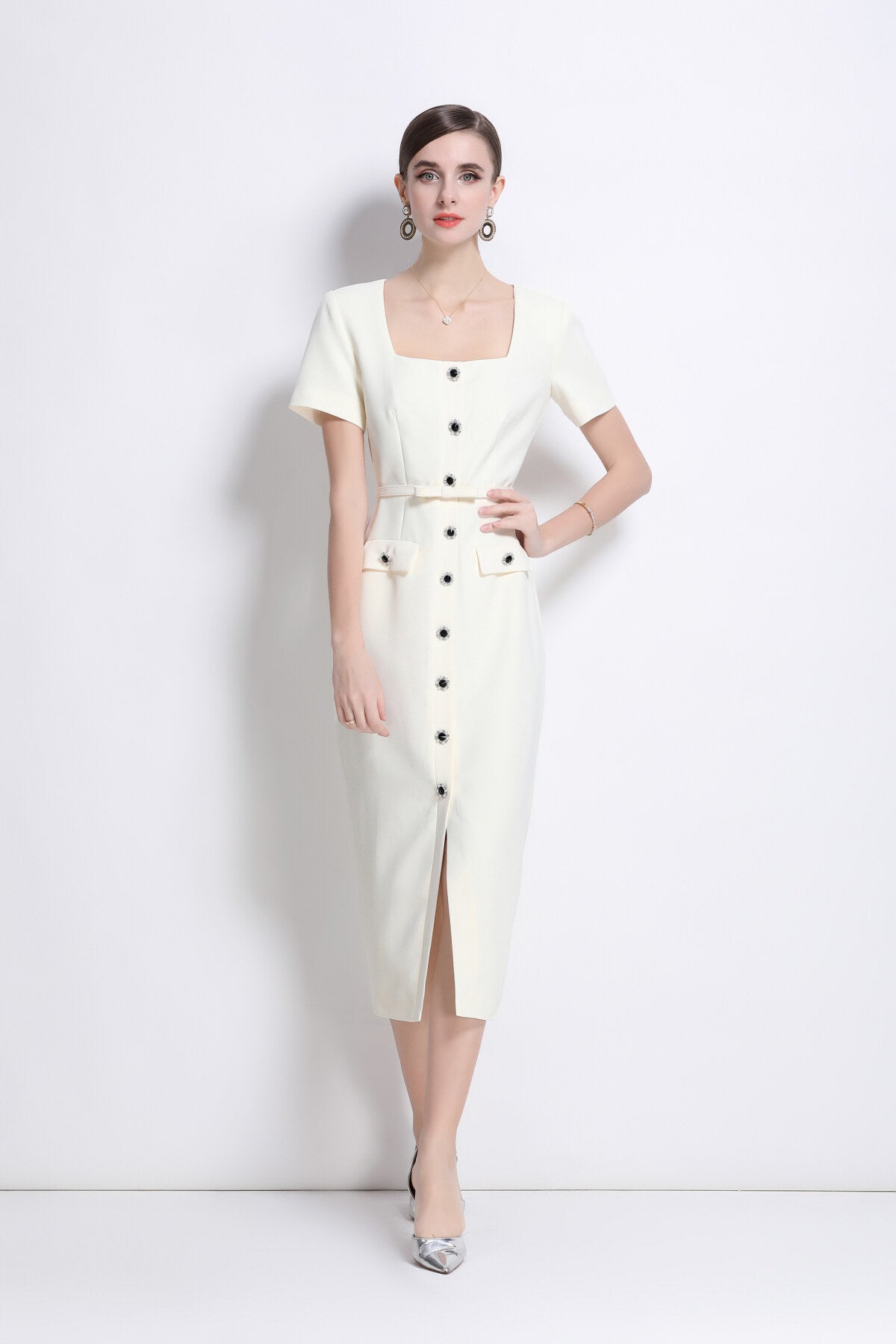 Daisy White Square Neck Short Sleeve Slim Fit Dress