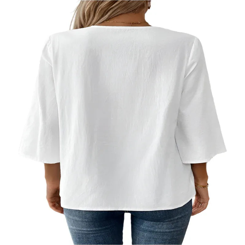 Women's Solid Color V-Neck Long Sleeve Simple Casual Blouse Top