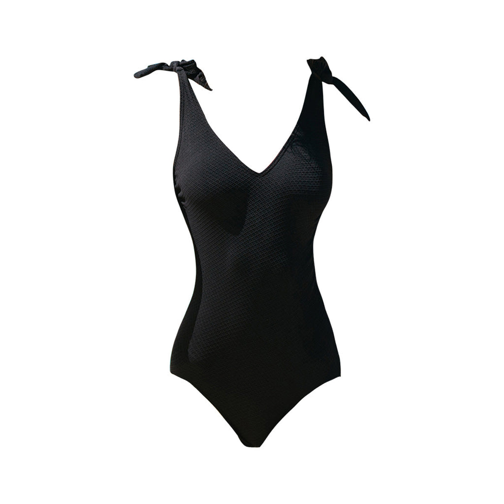 Deep V Neck Shoulder Tie Black Swimsuit