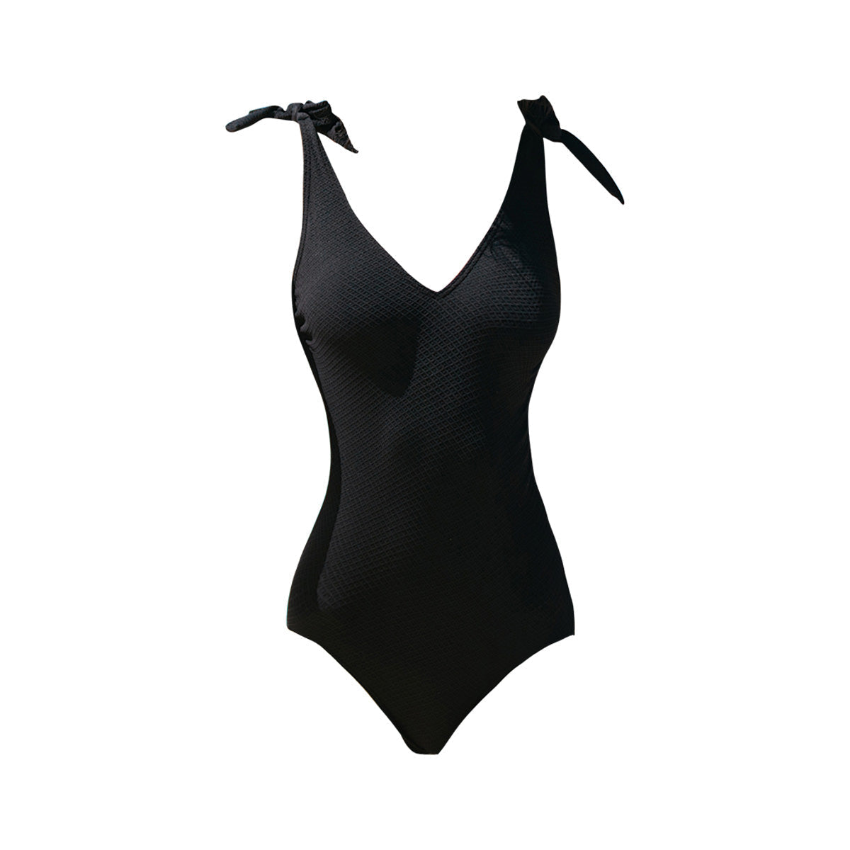 Deep V Neck Shoulder Tie Black Swimsuit