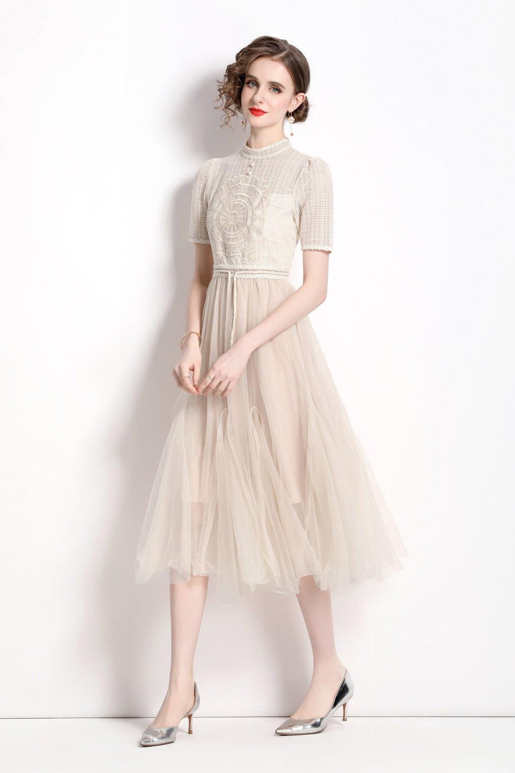 Delicate Mesh High Waisted Midi Dress