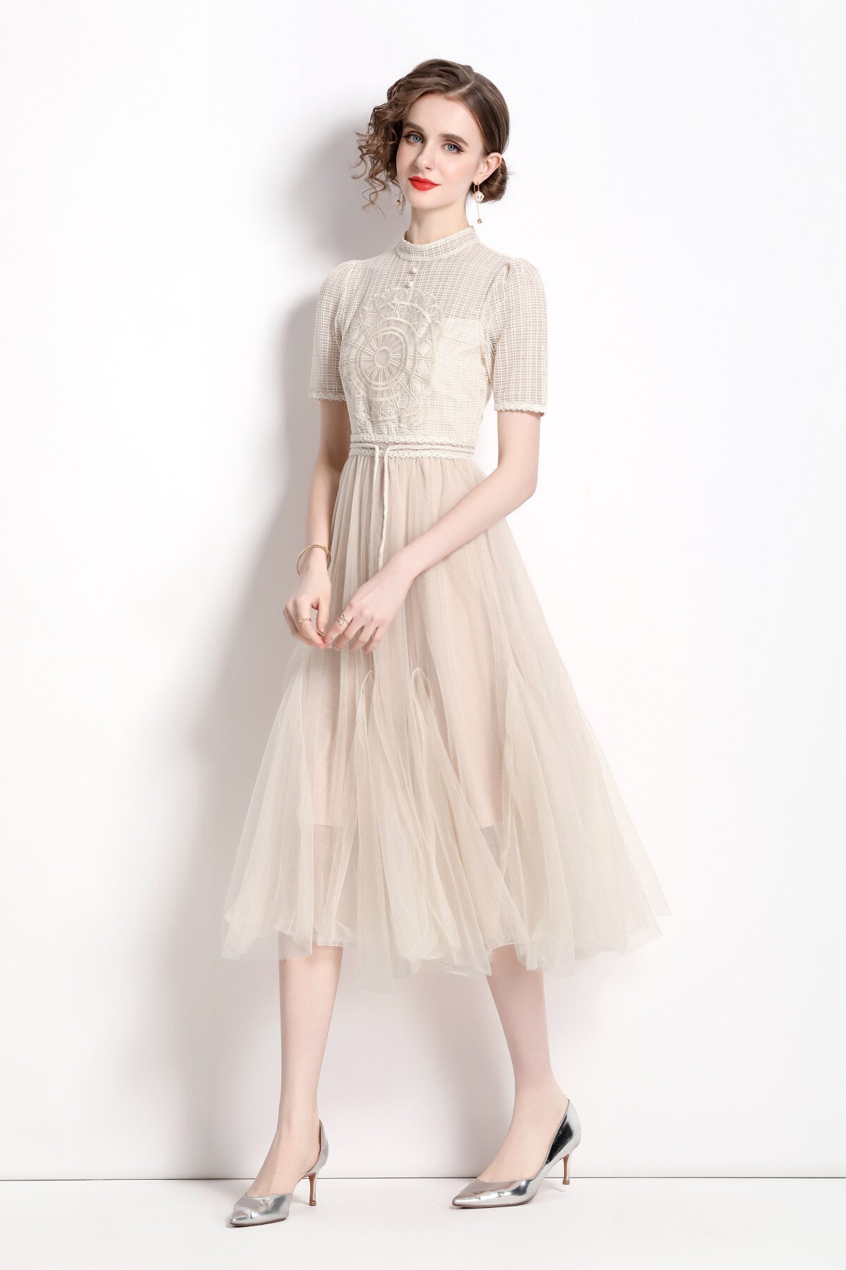 Delicate Mesh High Waisted Midi Dress