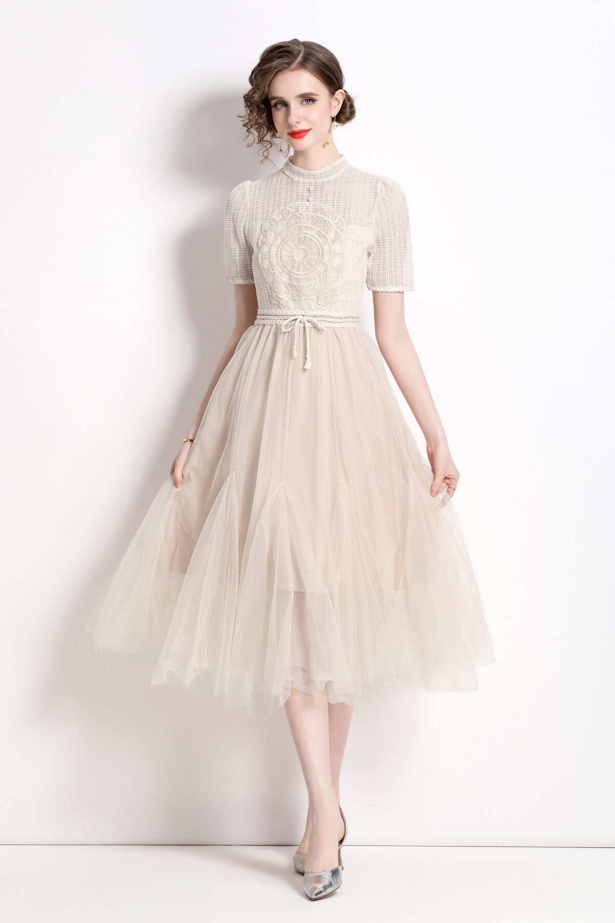 Delicate Mesh High Waisted Midi Dress