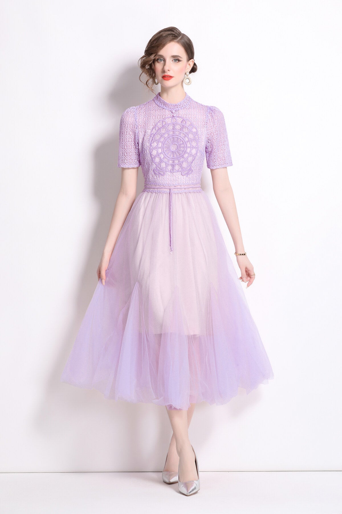 Delicate Mesh High Waisted Midi Dress