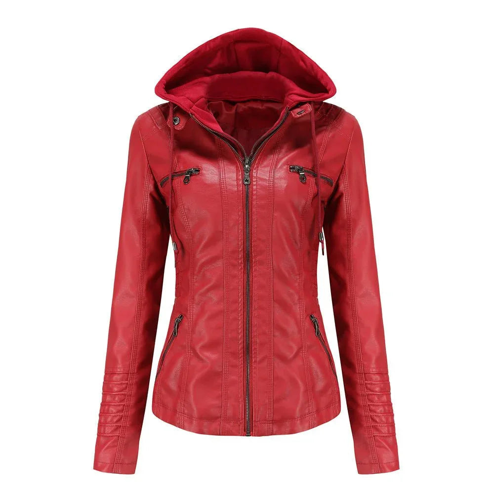 Detachable Two-Piece Hooded Leather Jacket For Women
