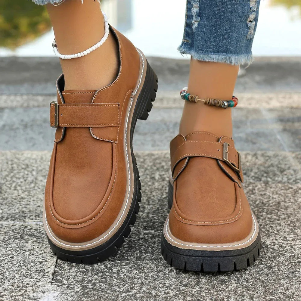 Fashionable Buckle Loafers For Women British Style Height-Increasing Thick-Soled Casual Shoes