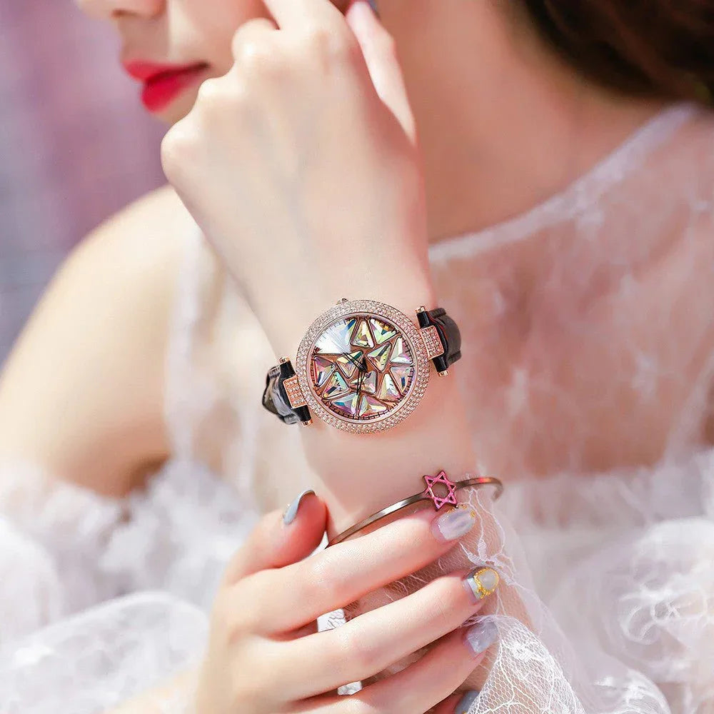 Diamond Dial Leather Strap Women's Watches