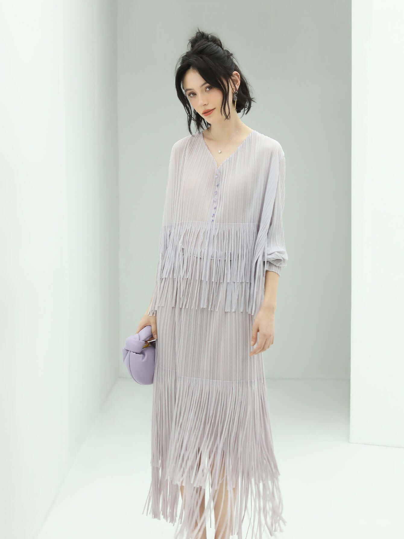 Dreamy Feminine Lilac Pleated Midi Skirt-2