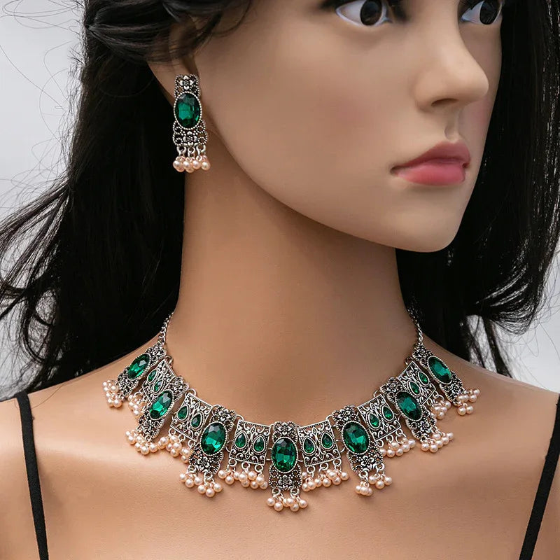 Vintage Emerald Earrings & Necklace Ethnic Style Square Tassel Bead Jewelry Set