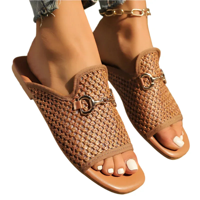Hollow Square Toe Sandals Summer Fashion Solid Flats Slides Women Beach Shoes