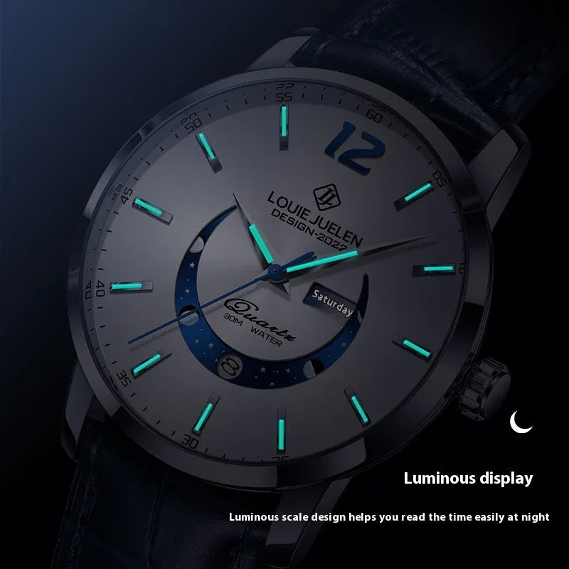 Luminous Waterproof Wrist Watch Men's Fashion Genuine Leather Strap Quartz Watch