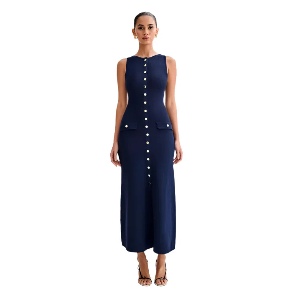 Elegant Knitted Sleeveless Dress With Single Breast Slim Fit Round Neck Women's Clothing
