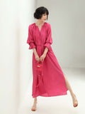 Elegant Pleated Rosebud Pink Blossom Shirt Dress-0