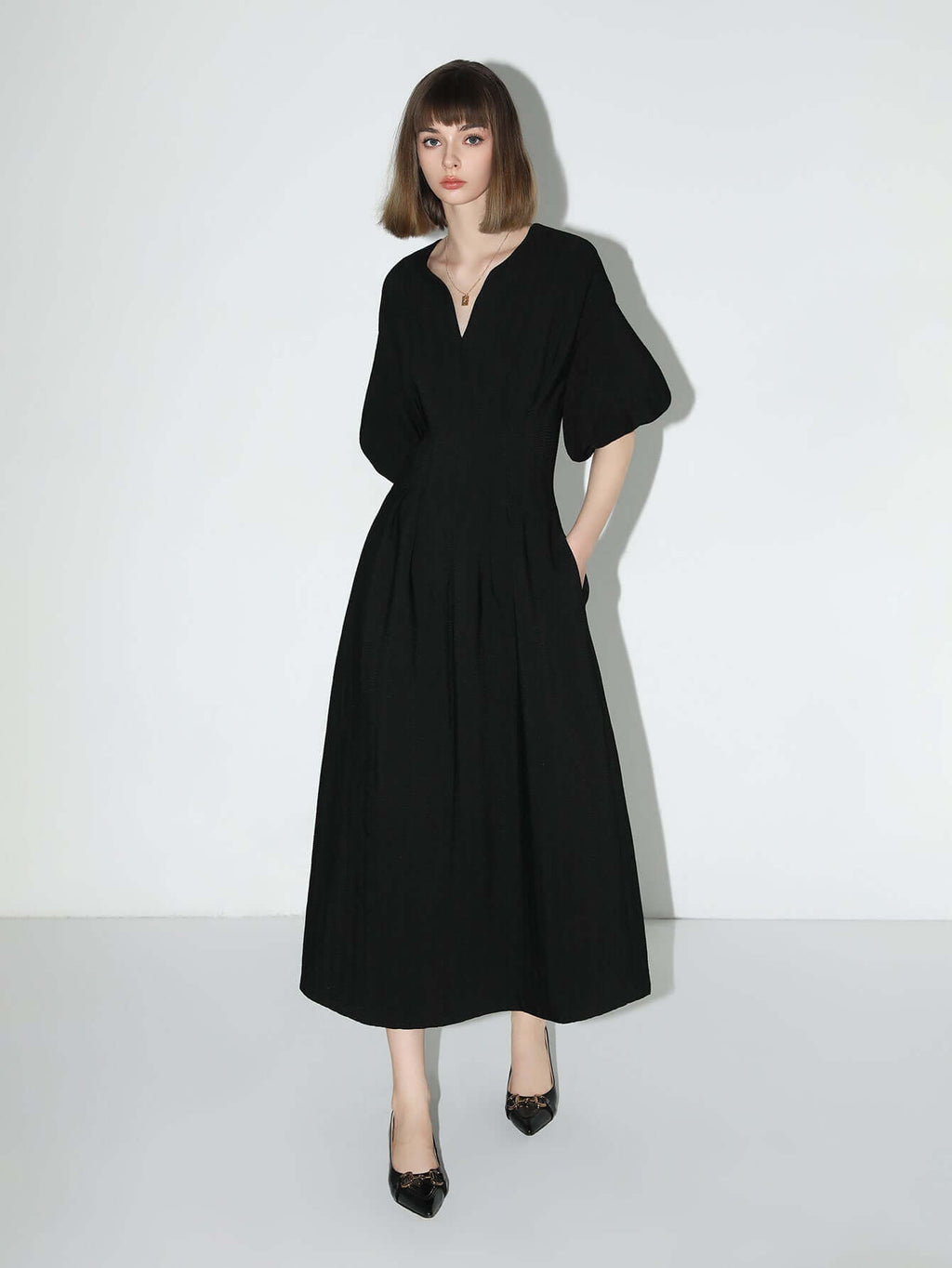 Elegant Textured Pleated French Tea Dress-0