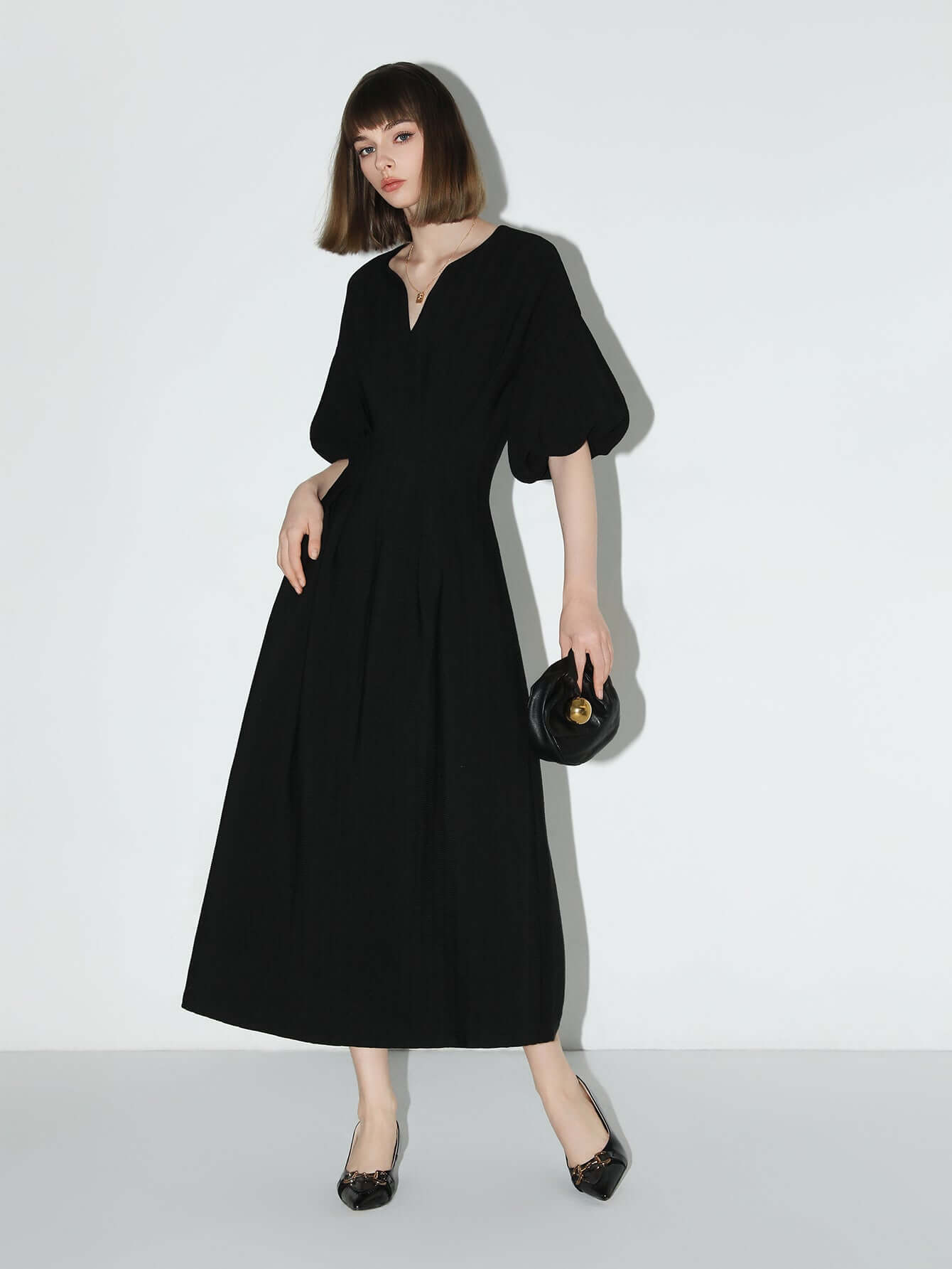 Elegant Textured Pleated French Tea Dress-2