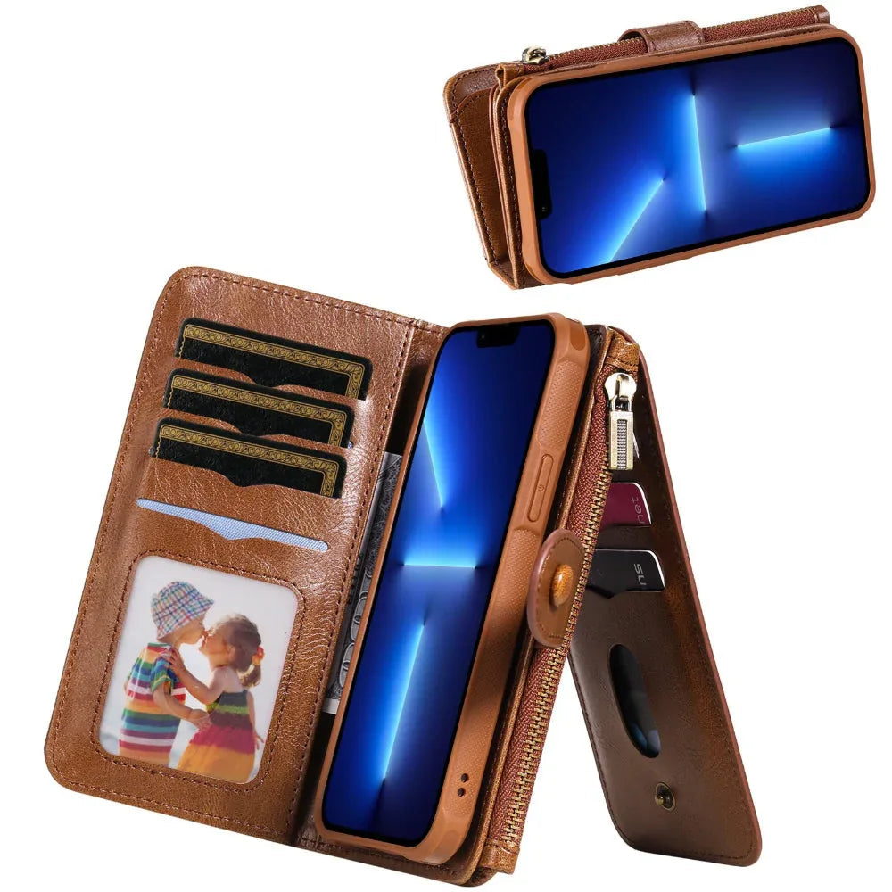 Leather Retro Phone Case Multi-Function Wallet With Magnetic Buckle Closing Method