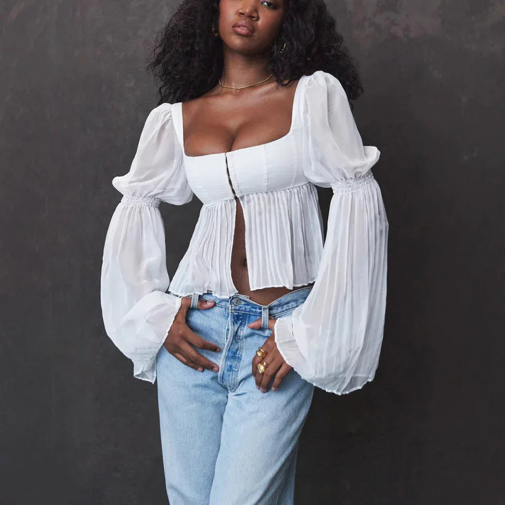 Sweet Elegant Long Sleeve Square Collar Top