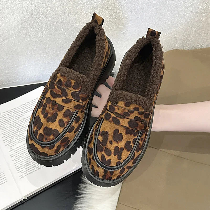 Fleece Lined Loafers Leopard Print British Style For Women