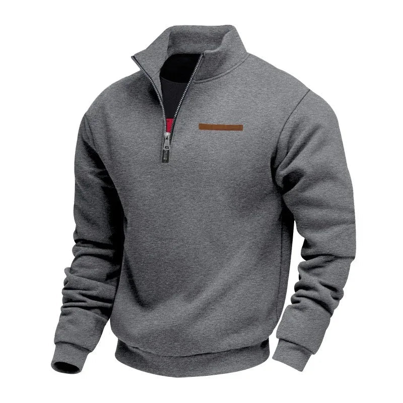 Fleece-Lined Mid-Length Zip-Up Loose-Fit Stand-Up Collar Casual Sweater