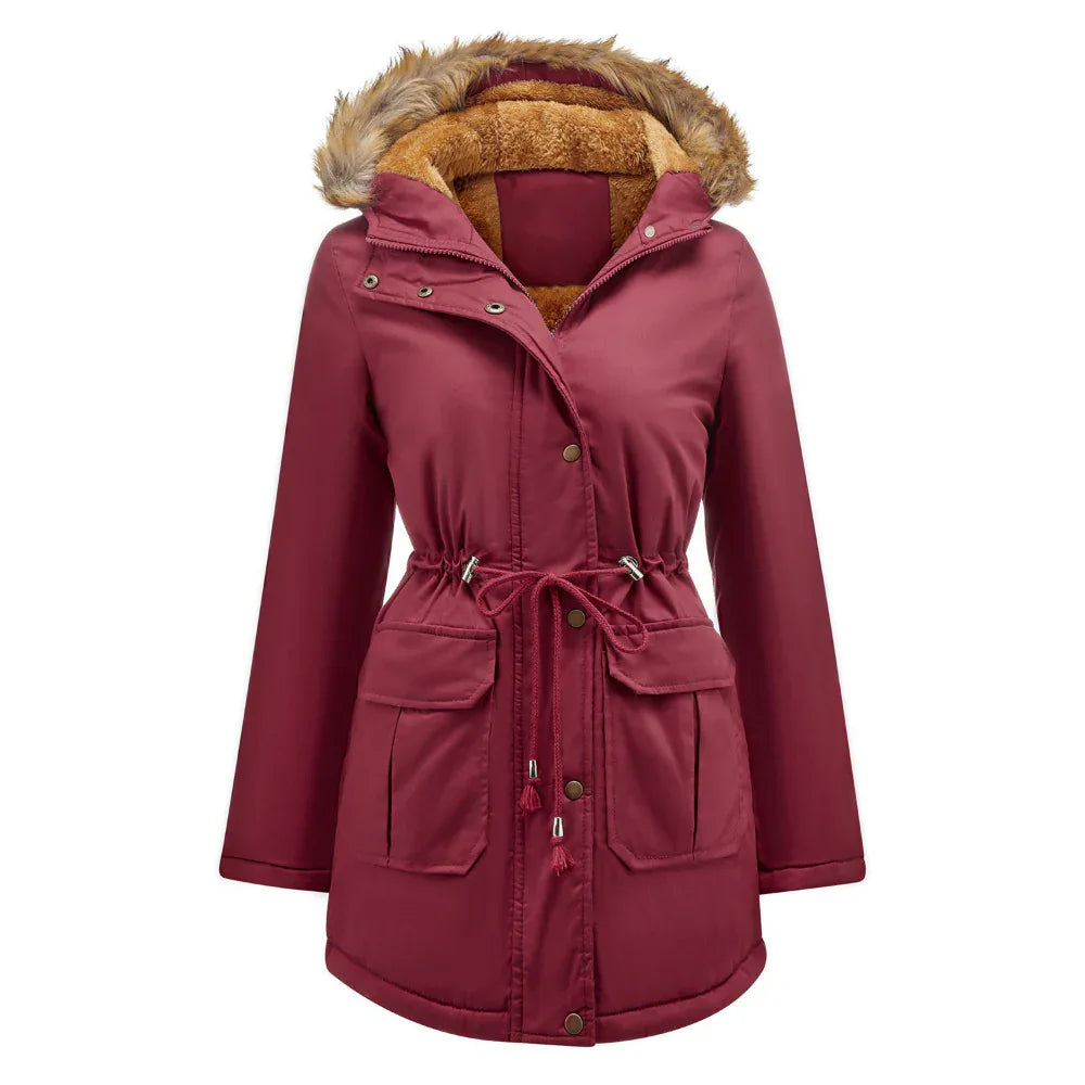 Women's Hooded Fur Collar Fleece-Lined Warm Winter Jacket