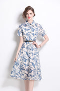 Floral Cinched Waist A Line Work Shirt Dress
