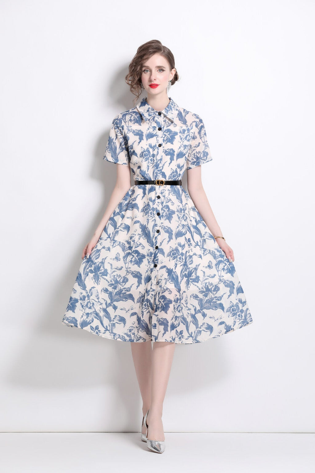 Floral Cinched Waist A Line Work Shirt Dress