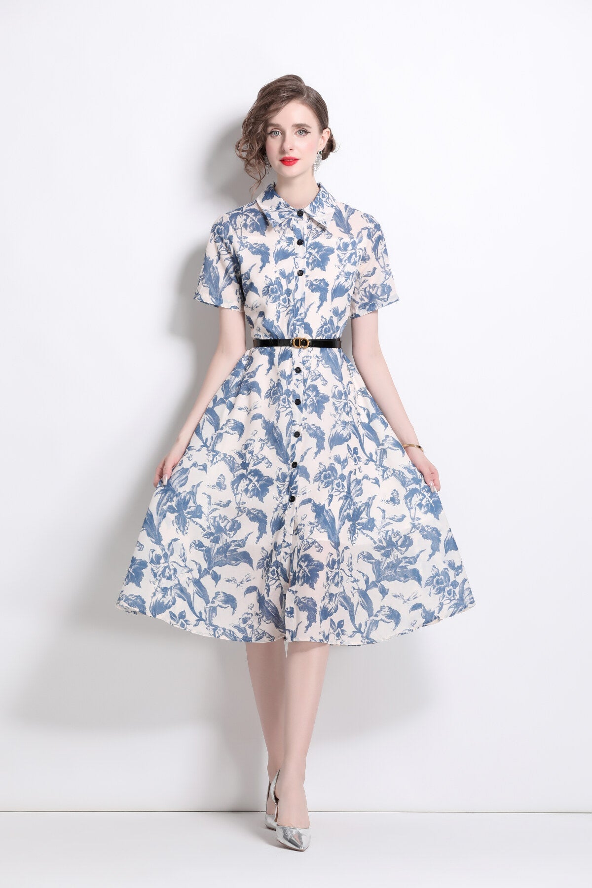 Floral Cinched Waist A Line Work Shirt Dress