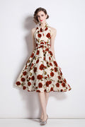 Floral High Waisted Slimming Halter Neck Beige A Line Dress-0