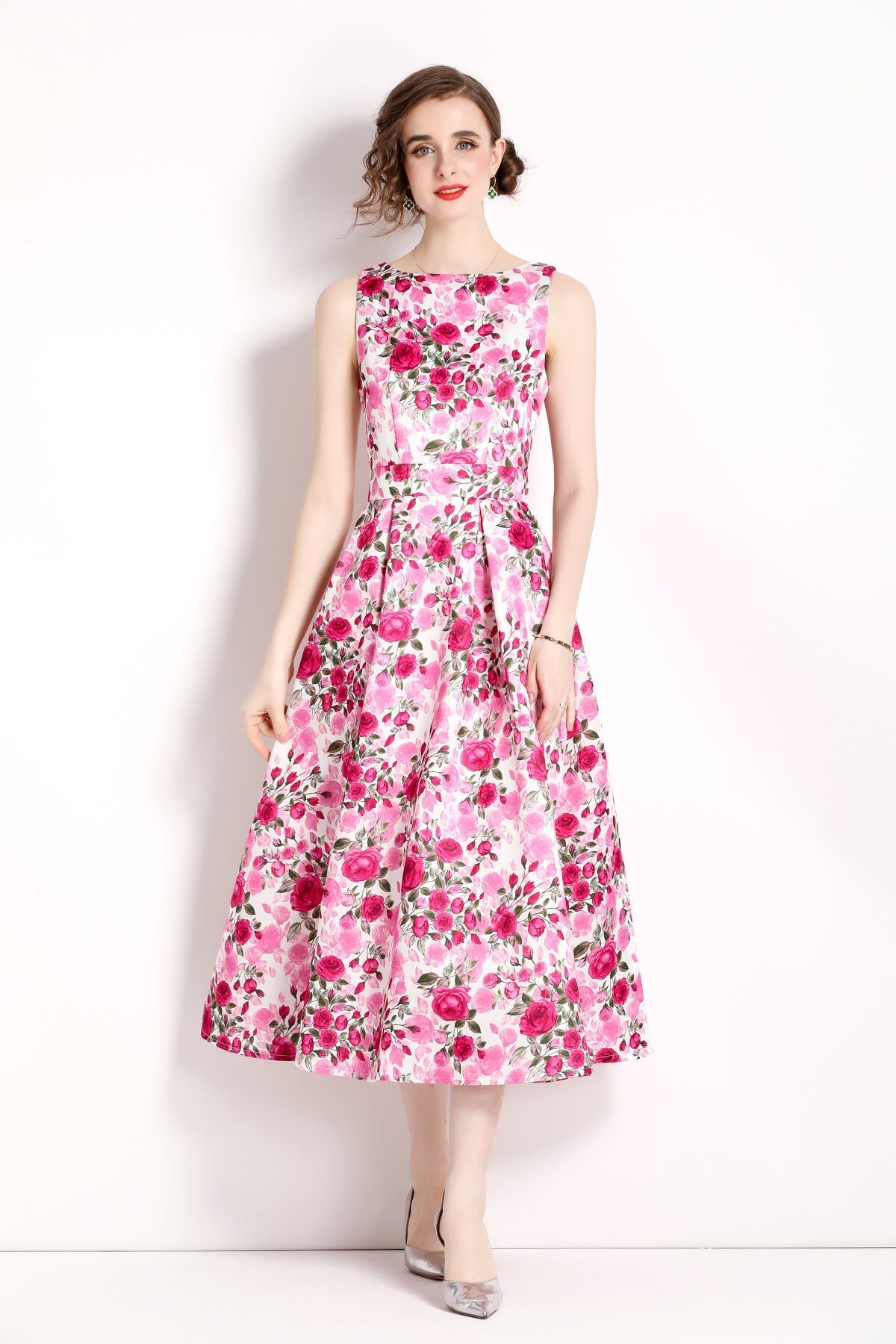 Floral Pink Sleeveless Midi Dress