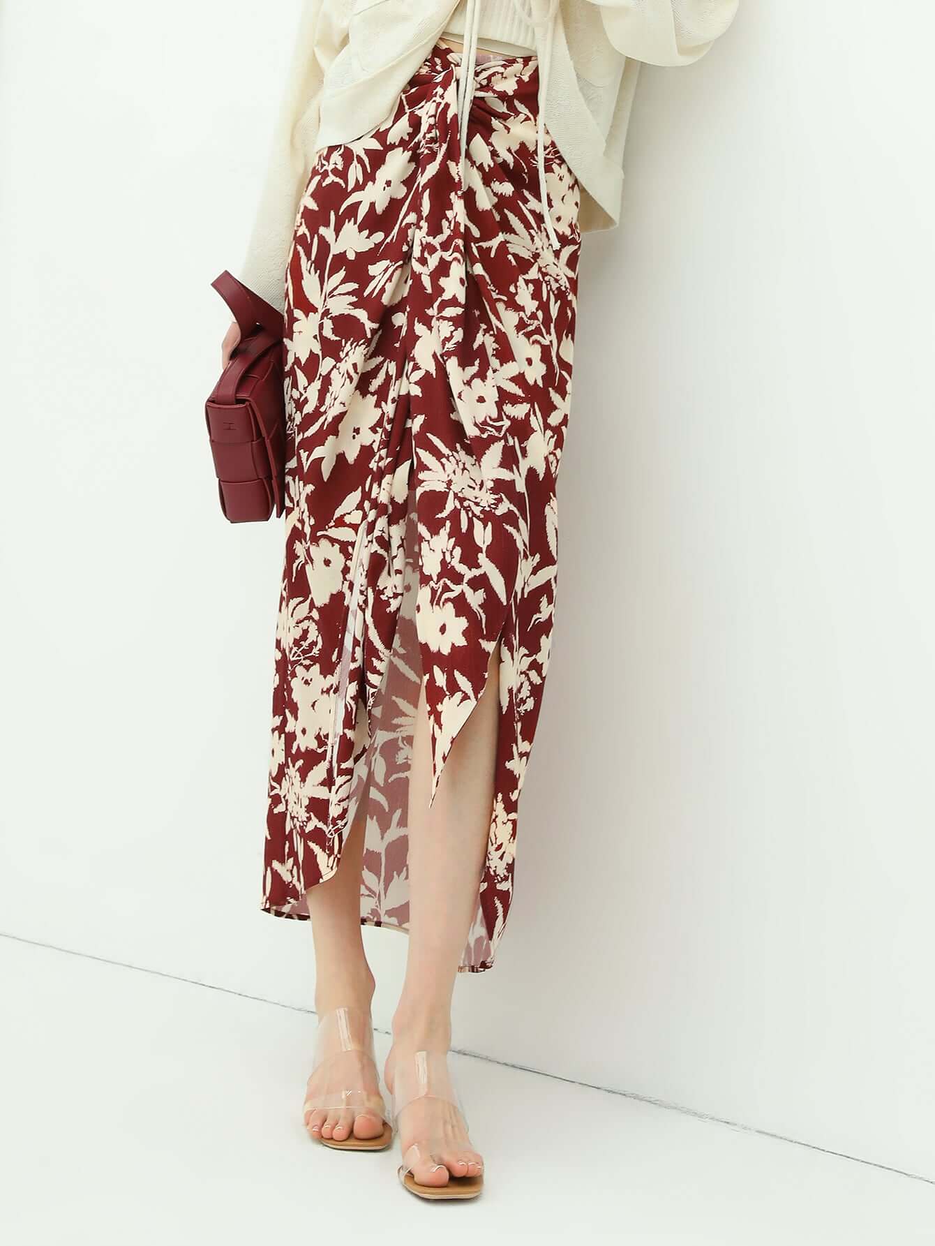 Floral Print High-Waist Asymmetrical Midi Skirt-0