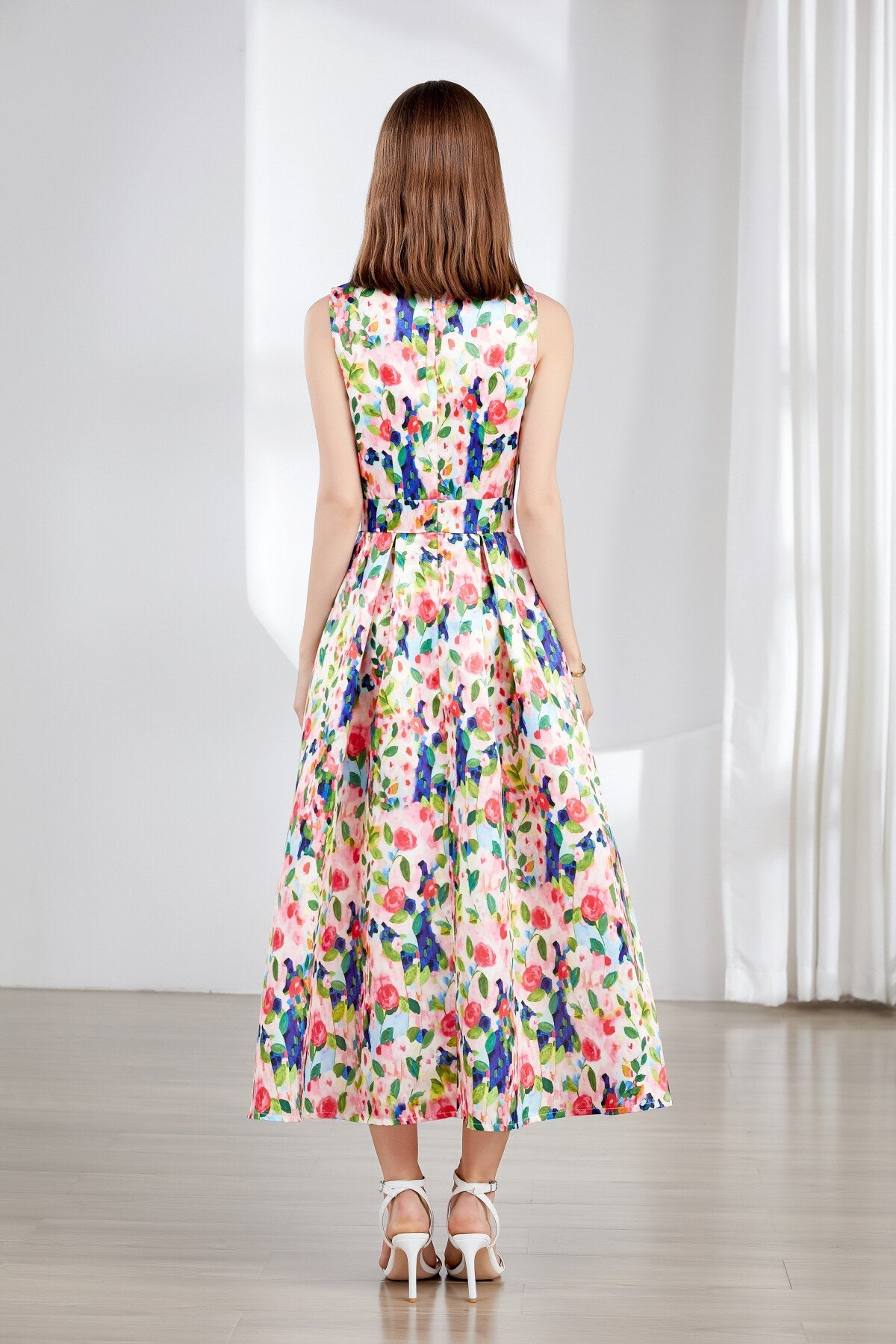 Floral Sleeveless Boatneck Flared A Line Midi Dress
