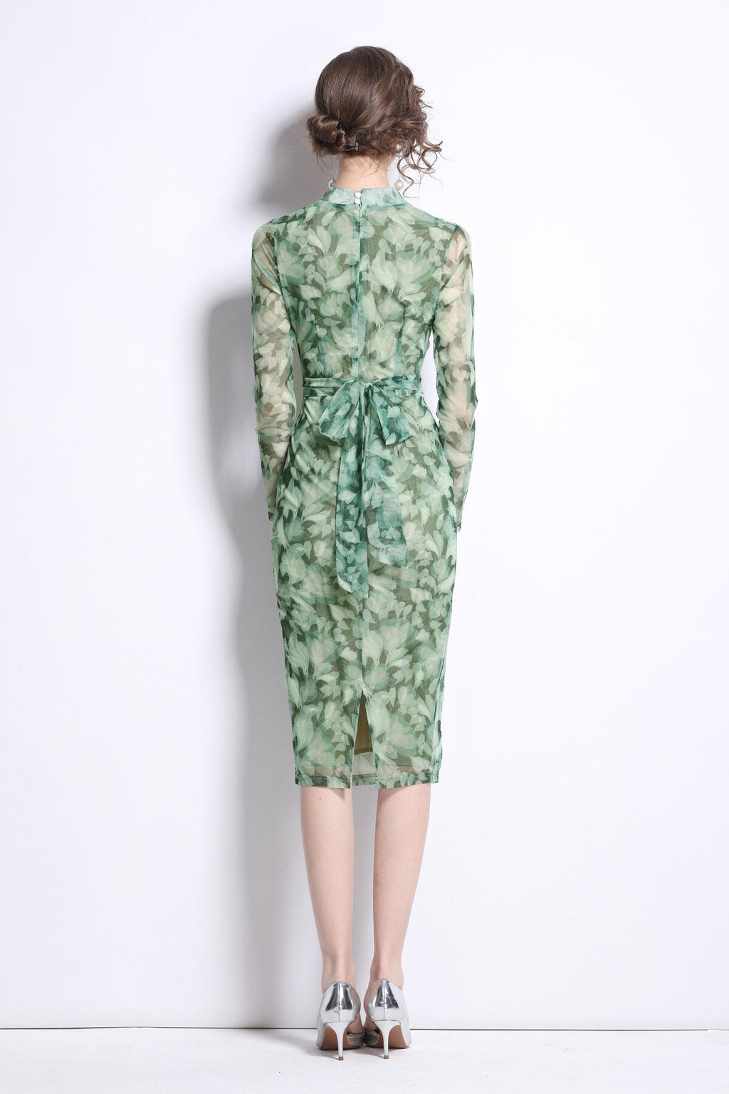 Form Fitting V Neck Mesh Floral Green Tea Dress