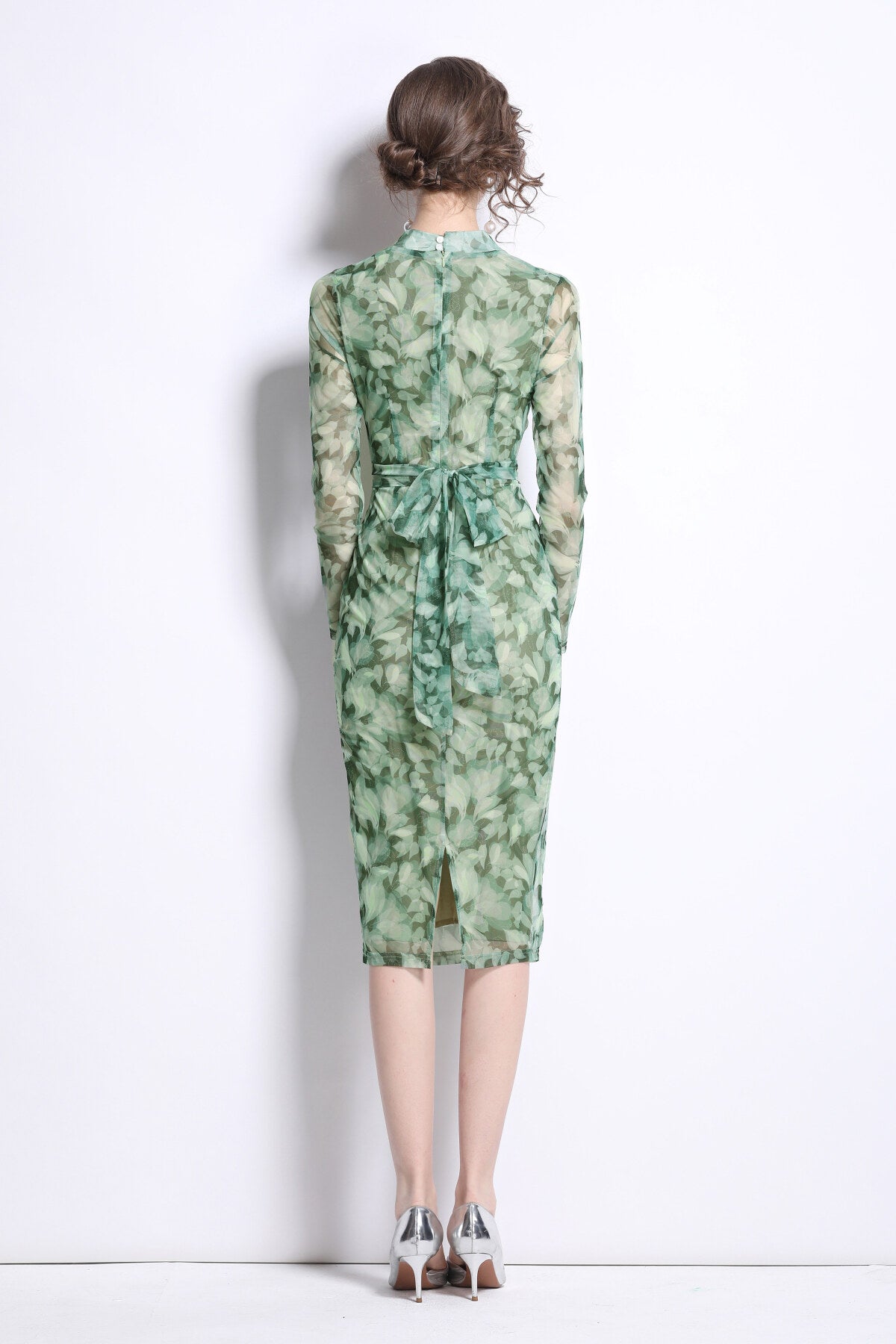 Form Fitting V Neck Mesh Floral Green Tea Dress