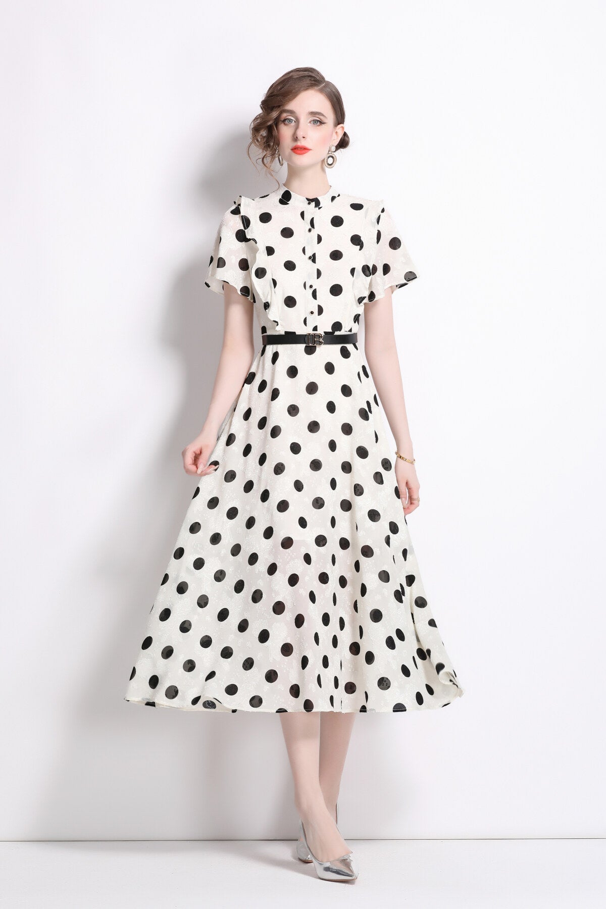 French Polka Dot Print Stand Collar Midi A Line Dress