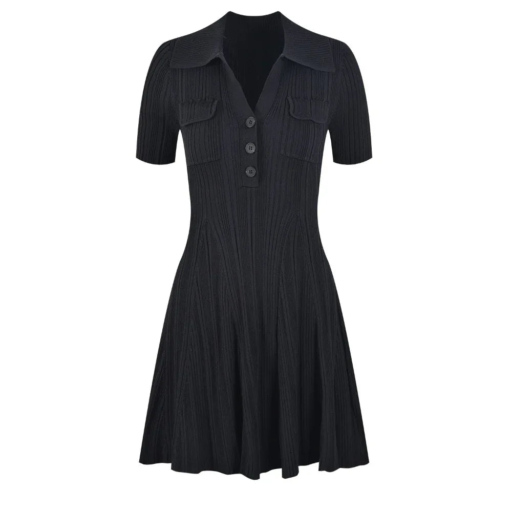 French Retro Solid Color Polo Collar Waist Slimming And Short A- Line Dress